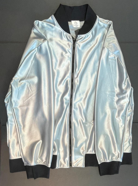 Silver satin sweatsuit with black design stripe 